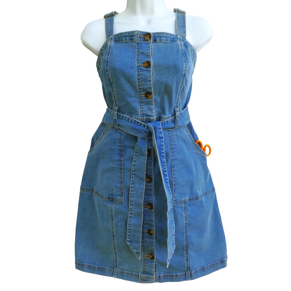 Vintage 90s Y2K Stretchy Denim Tank Dress Square Neck Full Button Belt Pockets - Picture 3 of 6